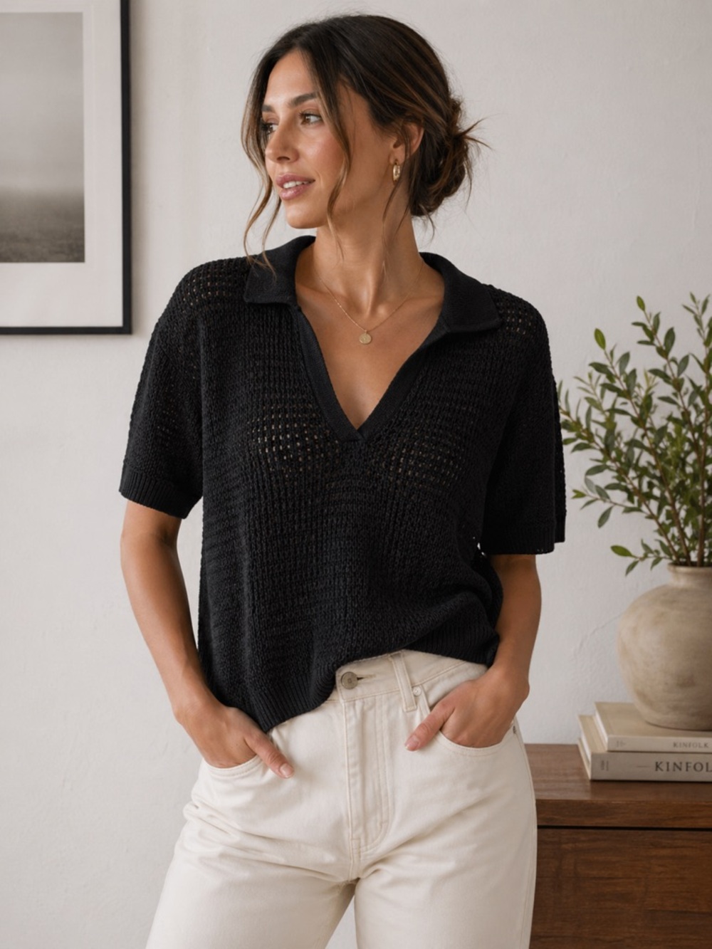 Max StudioBlack Open-Knit V-Neck Sweater with Polo Collar